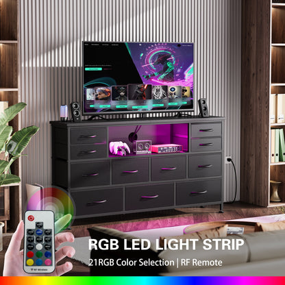 Laintene TV Stand 60 inch, Dresser for Bedroom with LED Lights Power Outlets, 11 Drawer Dresser TV Stands for Living Room, Fabric Chest of Drawers, PU Black