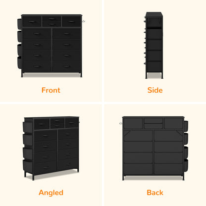Dresser with 12 Fabric Drawer Stand Desktop Storage Cabinet for Bedroom Organization, Dorm, Front Hall Entryway, Black PU