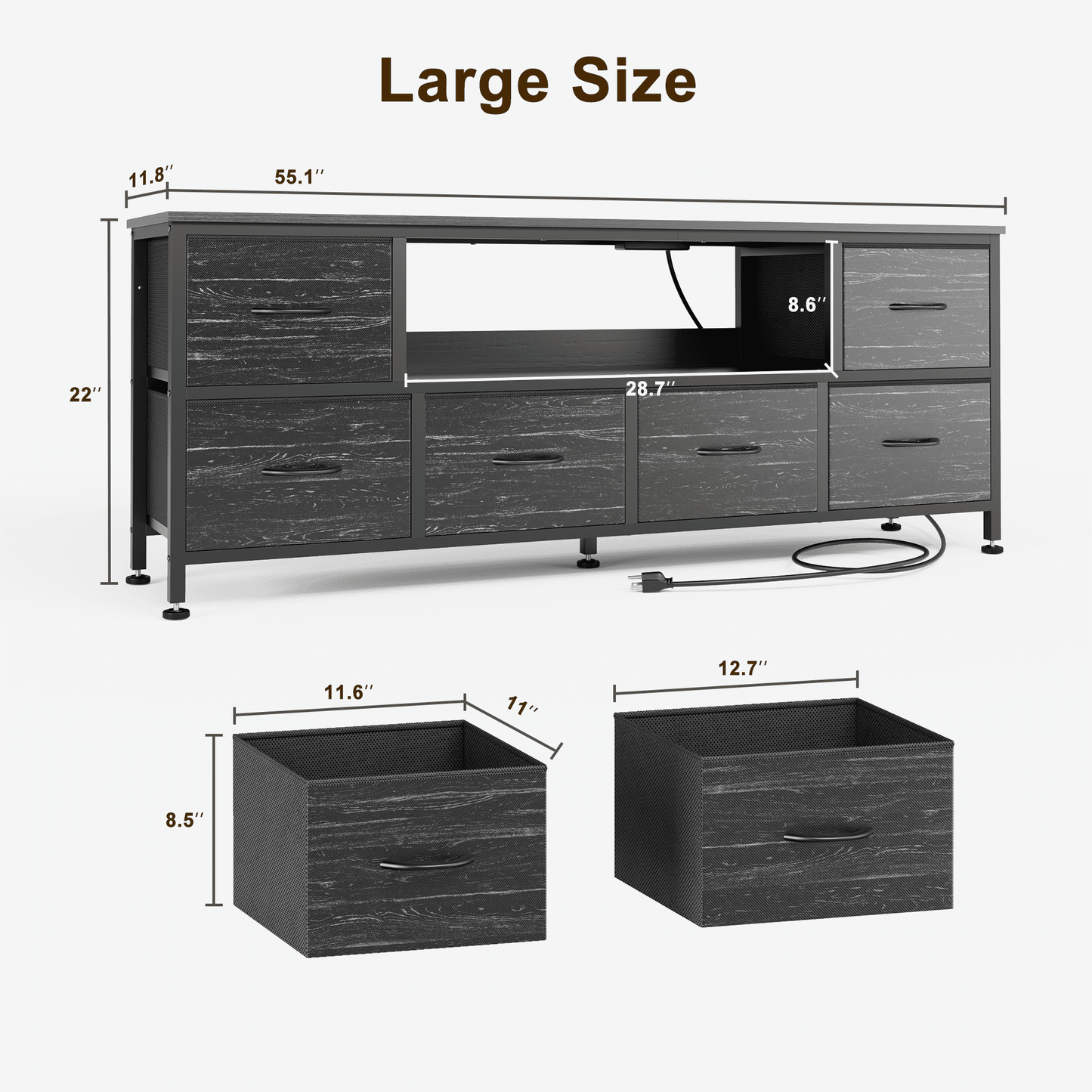 TV Stand Dresser with Power Outlets and LED Lights, 6 Drawer Console for 60 Inch TV, Dresser for Bedroom, Closet, Hallway