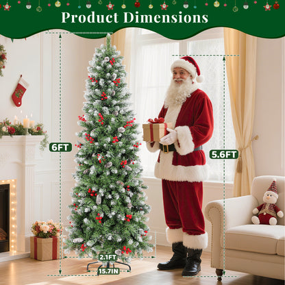 Laintene 6FT Pre-Lit Slim Pencil Christmas Tree | 200 Warm White LED Lights, 600 Tips, 40 Pine Cones & 280 Red Berries, Hinged Design for Small Spaces