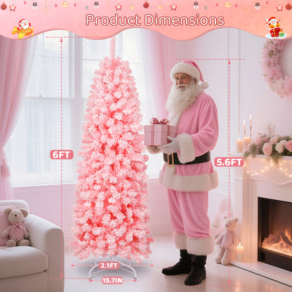 Laintene 6FT Pre-Lit Flocked Pencil Christmas Tree with 600 Tips & 200 Warm White LED Lights, Slim Artificial Xmas Tree for Small Spaces, Metal Stand, Pink