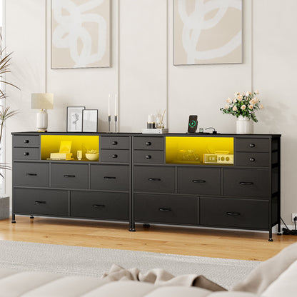 Laintene Bedroom Dresser with LED Lights, 9-Drawer Fabric Chest of Drawers, PU Black Dresser TV Stand with Power Outlet and Side Pocket, Wide Storage Unit for up to 50" TV