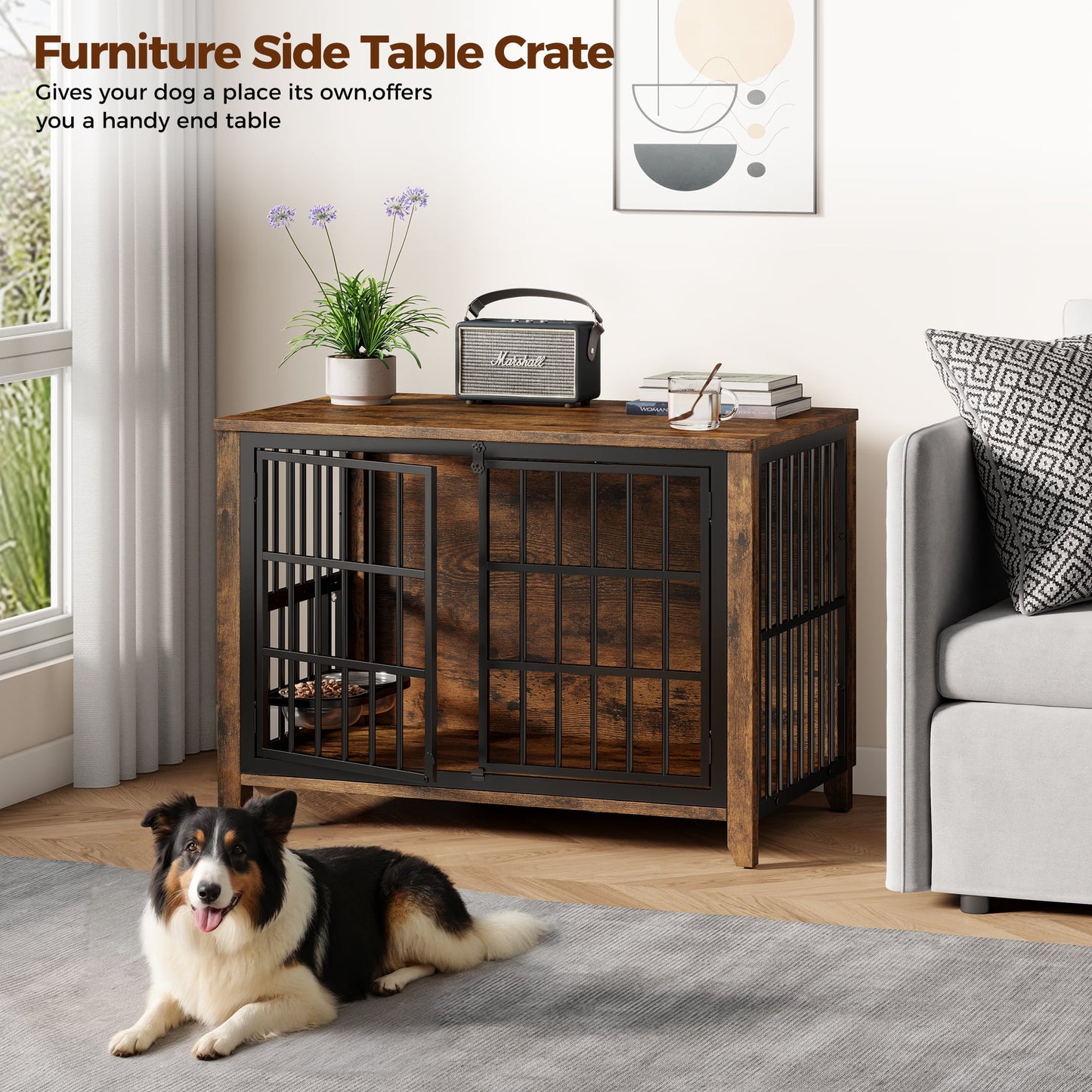 Laintene Dog Crate with Bowls, Heavy Duty Wooden Dog Crate Furniture, 37.7" Indoor Dog Kennels for Large Dogs, Brown