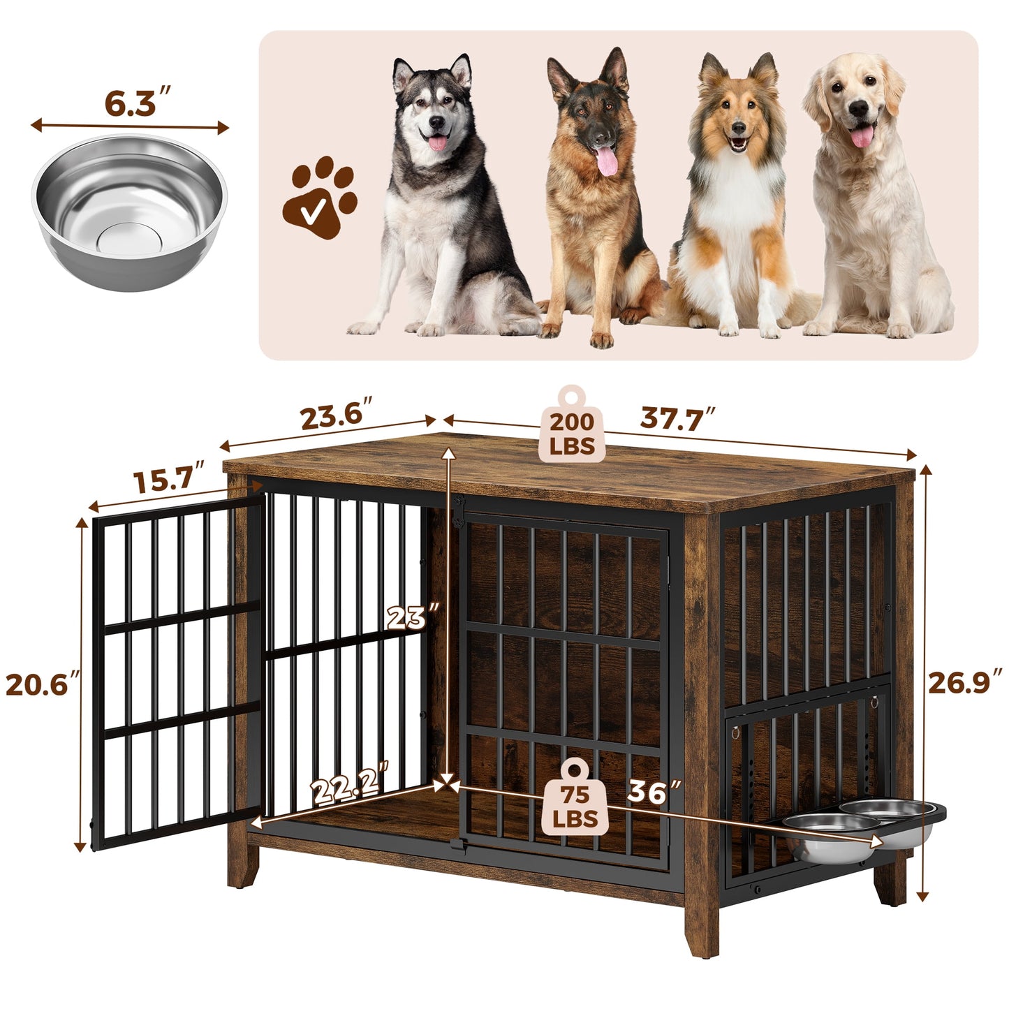 Laintene Dog Crate with Bowls, Heavy Duty Wooden Dog Crate Furniture, 37.7" Indoor Dog Kennels for Large Dogs, Brown