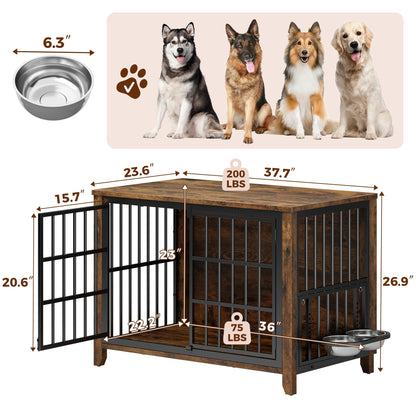 Laintene Dog Crate with Bowls, Heavy Duty Wooden Dog Crate Furniture, 37.7" Indoor Dog Kennels for Large Dogs, Brown
