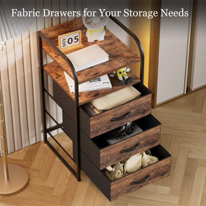 Laintene Nightstand 3 Fabric Drawer, Bedside Table Bedroom Dresser, End Side Tables Living Room, Brown