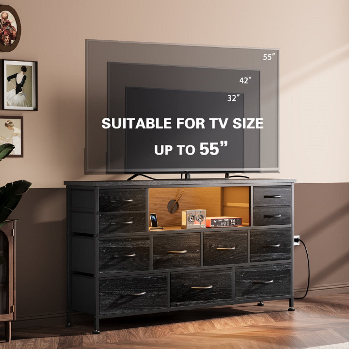 Laintene TV Stand 60 inch, Dresser for Bedroom with LED Lights Power Outlets, 11 Drawer Dresser TV Stands for Living Room, Fabric Chest of Drawers, Black
