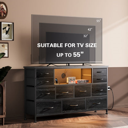 Laintene TV Stand 60 inch, Dresser for Bedroom with LED Lights Power Outlets, 11 Drawer Dresser TV Stands for Living Room, Fabric Chest of Drawers, Black