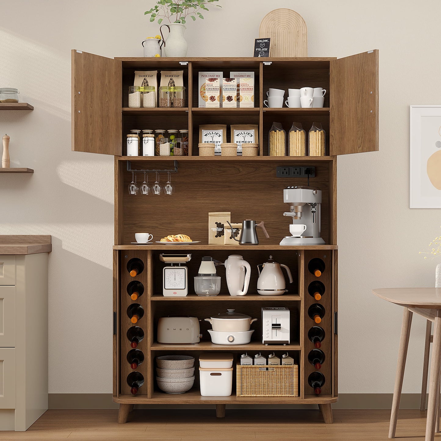 Laintene Kitchen Pantry Cabinet with Wine Rack, Storage Cabinet with Tambour Sliding Doors and Outlet, Bar Cabinet with Glass Holder, Pantry Storage for Living Room, Kitchen, Entryway, Walnut