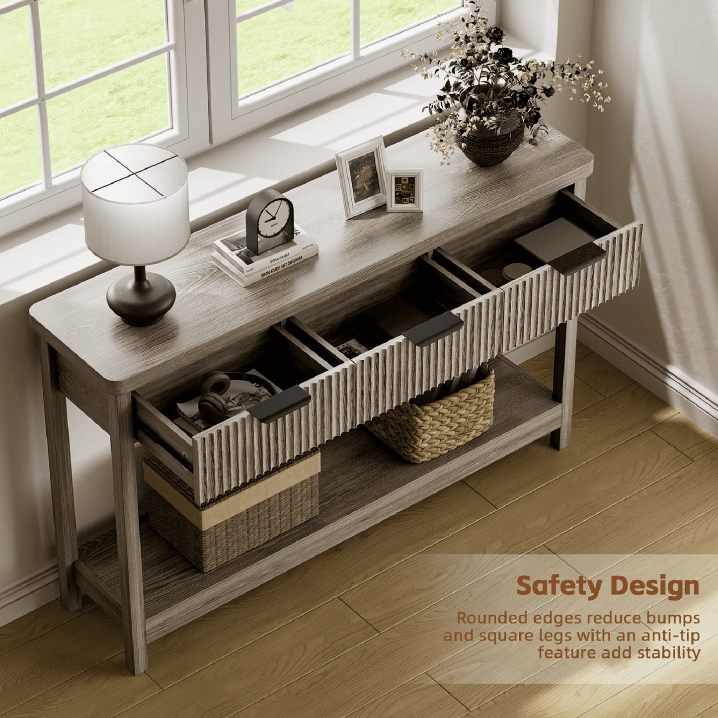 Laintene Fluted Console Table, 51" Narrow Entryway Table with 3 Drawers, Console Table Sofa Table with Storage Open Shelf, Modern Display Shelf for Hallway Living Room, Gray Oak