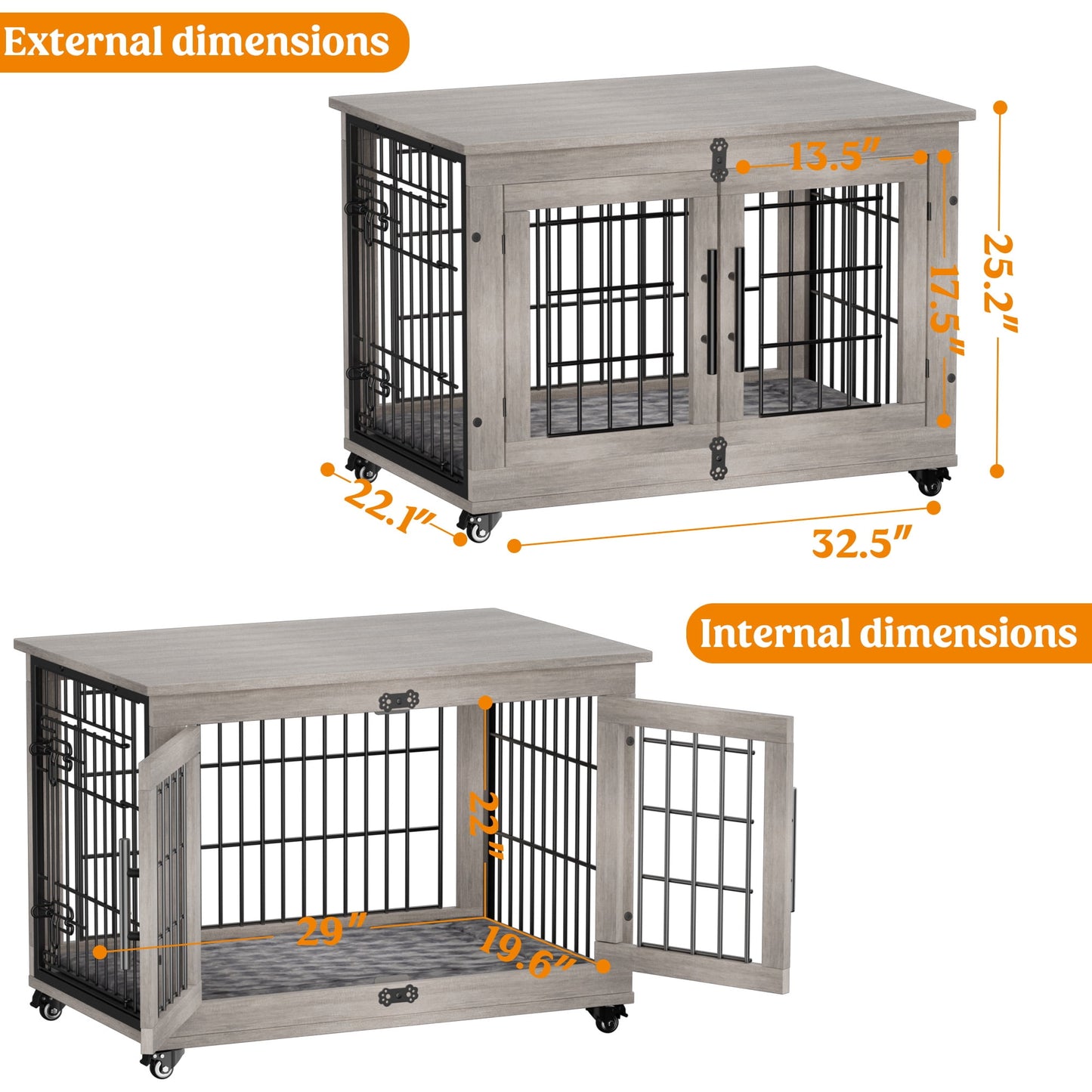 LainTene Dog Crate Furniture, Dog Kennels for Inside with Pads and Wheels, Heavy Duty Pet House for Small Medium Dogs, Gray