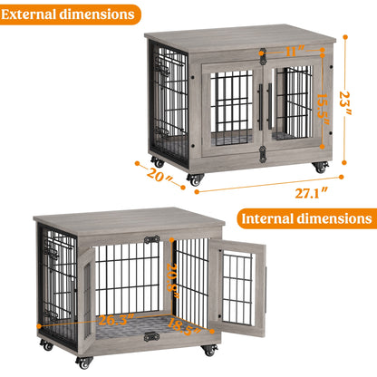 LainTene Wooden Dog Crate Furniture, Double Doors Dog Kennels for Inside with Pads and Wheels, Heavy Duty Dog Cage for Small Dogs, Gray