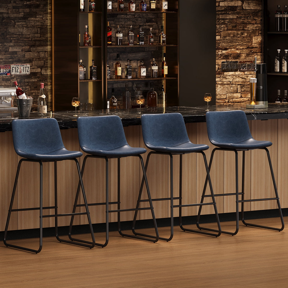 LainTene 26" Bar Stools Set of 3 – Faux Leather Counter Height Stools with Backrest & Footrest, Heavy-Duty Metal Frame for Kitchen, Bar, Living Room, Blue